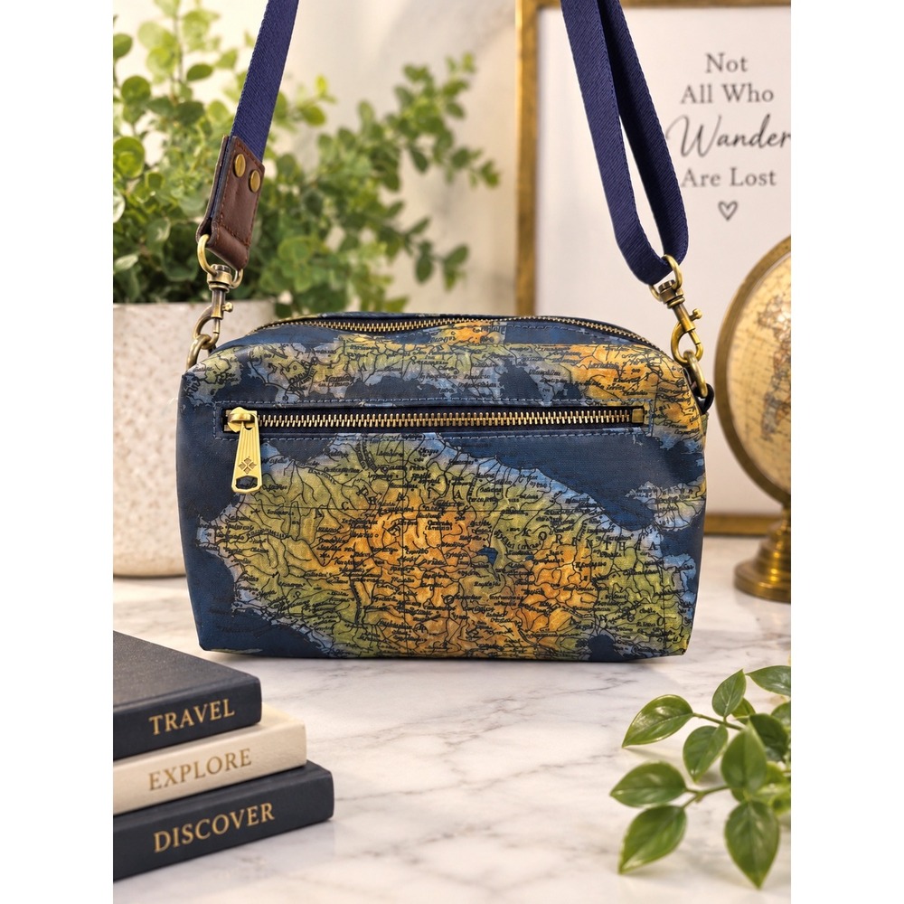 Patricia Nash Map Print Coated Cotton Crossbody Camera Bag Navy Blue Vintage